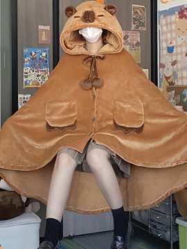 大人用カピバラフード付きブランケット - 柔らかく暖かいフランネルのショールケープ、100%ポリエステル、現代的な動物テーマ、洗濯機で洗える、400-450 gsm - 女性用の快適なフーディ