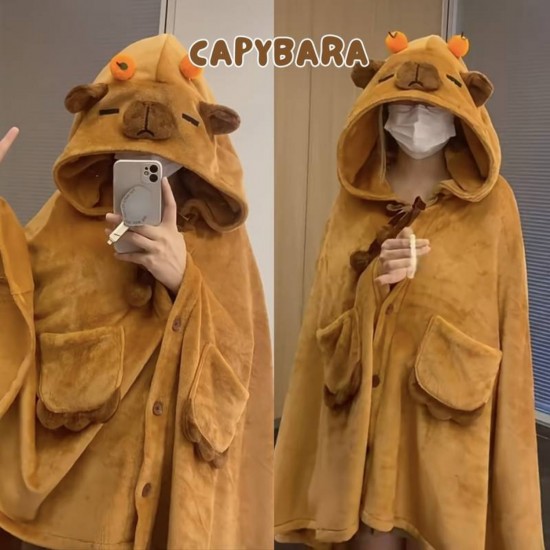 大人用カピバラフード付きブランケット - 柔らかく暖かいフランネルのショールケープ、100%ポリエステル、現代的な動物テーマ、洗濯機で洗える、400-450 gsm - 女性用の快適なフーディ