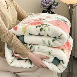1枚 厚手の冬用ブランケット、リバーシブルフローラルプラッシュスロー、柔らかく暖かいフェイクファーベッドスプレッド、軽量キャンプ旅行カバー、洗濯機可、オールシーズン使用、白とピンクのバラデザイン、ベッド用ブランケット