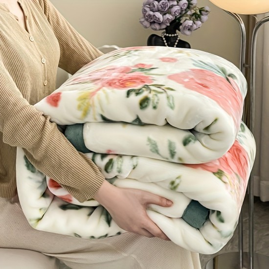 1枚 厚手の冬用ブランケット、リバーシブルフローラルプラッシュスロー、柔らかく暖かいフェイクファーベッドスプレッド、軽量キャンプ旅行カバー、洗濯機可、オールシーズン使用、白とピンクのバラデザイン、ベッド用ブランケット