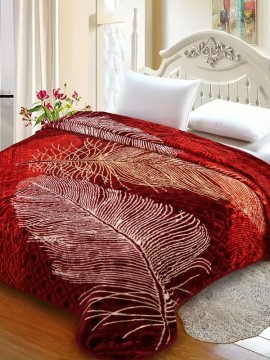 1枚 フェイクミンクフリースブランケット、キングサイズ、1プライエンボス加工490GSM シルキーソフトプラッシュ暖かいブランケット、秋冬用、ファッションフェザーパターン