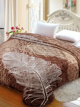 1枚 フェイクミンクフリースブランケット、キングサイズ、1プライエンボス加工490GSM シルキーソフトプラッシュ暖かいブランケット、秋冬用、ファッションフェザーパターン