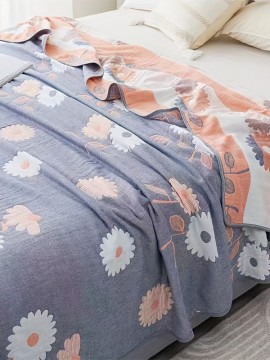 リバーシブル フローラル コットン スロー ブランケット – ライトブルー ピンク＆ホワイトの花柄、柔らかで多用途なベッドやソファ用、オールシーズン快適、32糸数、洗濯機対応、ソファカバー | 花柄ブランケット | ソフトテクスチャーのベッド用ブランケット