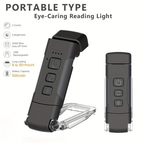 1個 HOTU アップグレード版ミニLEDクリップ式ブックマークライト、USB充電式調光可能な目に優しい読書灯、360°回転機能付き、3色選択（ブラック/ホワイト/グレー）本・スマートフォン・タブレット用 - 家庭・オフィス・旅行向けポータブル