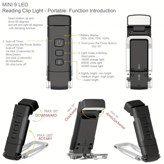 1個 HOTU アップグレード版ミニLEDクリップ式ブックマークライト、USB充電式調光可能な目に優しい読書灯、360°回転機能付き、3色選択（ブラック/ホワイト/グレー）本・スマートフォン・タブレット用 - 家庭・オフィス・旅行向けポータブル