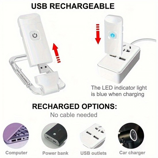 白いUSB充電式ブックライト、暖白色、明るさ調節可能、目の保護機能、LEDクリップ式ポータブルブックマークライト、ベッドや車内での読書に適しています。