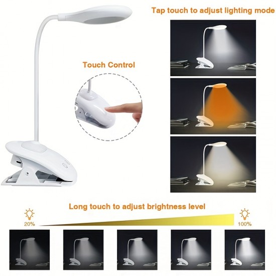 タッチコントロール付きの充電式LEDクリップ式デスクランプ、調光機能、USB充電、2000mAhリチウムバッテリー、ベッドルームの読書用に目に優しいソフトライト、家庭用 - ポリッシュプラスチック仕上げ