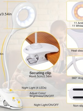 タッチコントロール付きの充電式LEDクリップ式デスクランプ、調光機能、USB充電、2000mAhリチウムバッテリー、ベッドルームの読書用に目に優しいソフトライト、家庭用 - ポリッシュプラスチック仕上げ