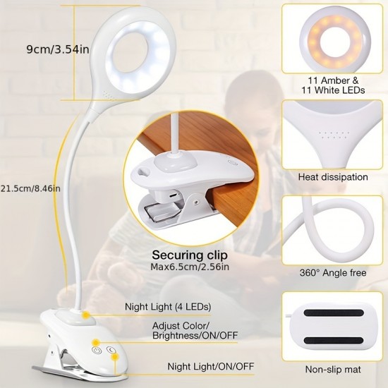 タッチコントロール付きの充電式LEDクリップ式デスクランプ、調光機能、USB充電、2000mAhリチウムバッテリー、ベッドルームの読書用に目に優しいソフトライト、家庭用 - ポリッシュプラスチック仕上げ