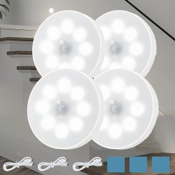 モーションセンサー付きUSB充電式LEDステップライト4個セット、調節可能な明るさ、キッチン・キャビネット・階段・クローゼット・部屋用セミフラッシュマウント - ホワイト/イエロープラスチックデザイン、簡単取り付け、省エネ照明、ホームイルミネーション | スリークな丸型ライト | 耐久性のあるプラスチック製ライト、キッチン用LEDライト