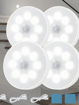 モーションセンサー付きUSB充電式LEDステップライト4個セット、調節可能な明るさ、キッチン・キャビネット・階段・クローゼット・部屋用セミフラッシュマウント - ホワイト/イエロープラスチックデザイン、簡単取り付け、省エネ照明、ホームイルミネーション | スリークな丸型ライト | 耐久性のあるプラスチック製ライト、キッチン用LEDライト