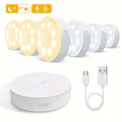 モーションセンサー付きUSB充電式LEDステップライト4個セット、調節可能な明るさ、キッチン・キャビネット・階段・クローゼット・部屋用セミフラッシュマウント - ホワイト/イエロープラスチックデザイン、簡単取り付け、省エネ照明、ホームイルミネーション | スリークな丸型ライト | 耐久性のあるプラスチック製ライト、キッチン用LEDライト