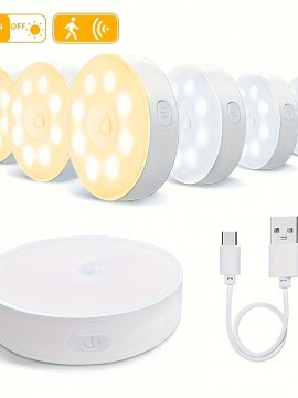 モーションセンサー付きUSB充電式LEDステップライト4個セット、調節可能な明るさ、キッチン・キャビネット・階段・クローゼット・部屋用セミフラッシュマウント - ホワイト/イエロープラスチックデザイン、簡単取り付け、省エネ照明、ホームイルミネーション | スリークな丸型ライト | 耐久性のあるプラスチック製ライト、キッチン用LEDライト