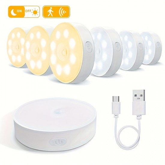 モーションセンサー付きUSB充電式LEDステップライト4個セット、調節可能な明るさ、キッチン・キャビネット・階段・クローゼット・部屋用セミフラッシュマウント - ホワイト/イエロープラスチックデザイン、簡単取り付け、省エネ照明、ホームイルミネーション | スリークな丸型ライト | 耐久性のあるプラスチック製ライト、キッチン用LEDライト