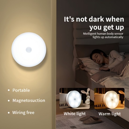 モーションセンサー付きUSB充電式LEDステップライト4個セット、調節可能な明るさ、キッチン・キャビネット・階段・クローゼット・部屋用セミフラッシュマウント - ホワイト/イエロープラスチックデザイン、簡単取り付け、省エネ照明、ホームイルミネーション | スリークな丸型ライト | 耐久性のあるプラスチック製ライト、キッチン用LEDライト