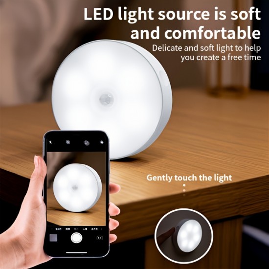モーションセンサー付きUSB充電式LEDステップライト4個セット、調節可能な明るさ、キッチン・キャビネット・階段・クローゼット・部屋用セミフラッシュマウント - ホワイト/イエロープラスチックデザイン、簡単取り付け、省エネ照明、ホームイルミネーション | スリークな丸型ライト | 耐久性のあるプラスチック製ライト、キッチン用LEDライト