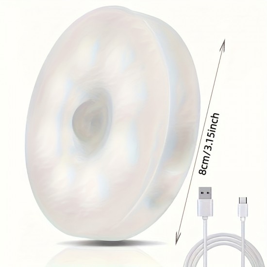 モーションセンサー付きUSB充電式LEDステップライト4個セット、調節可能な明るさ、キッチン・キャビネット・階段・クローゼット・部屋用セミフラッシュマウント - ホワイト/イエロープラスチックデザイン、簡単取り付け、省エネ照明、ホームイルミネーション | スリークな丸型ライト | 耐久性のあるプラスチック製ライト、キッチン用LEDライト