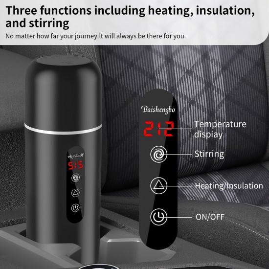 ポータブル電気ケトル＆カーコーヒーウォーマー、96W 12V/24V 湯沸かし器、撹拌機能付き、電磁誘導、空焚き防止、やけど防止、過熱保護、カープラグ、500ml未満容量、バッテリー不要