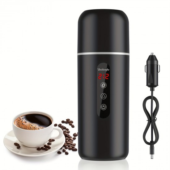 ポータブル電気ケトル＆カーコーヒーウォーマー、96W 12V/24V 湯沸かし器、撹拌機能付き、電磁誘導、空焚き防止、やけど防止、過熱保護、カープラグ、500ml未満容量、バッテリー不要