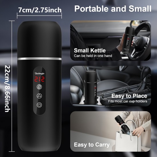 ポータブル電気ケトル＆カーコーヒーウォーマー、96W 12V/24V 湯沸かし器、撹拌機能付き、電磁誘導、空焚き防止、やけど防止、過熱保護、カープラグ、500ml未満容量、バッテリー不要