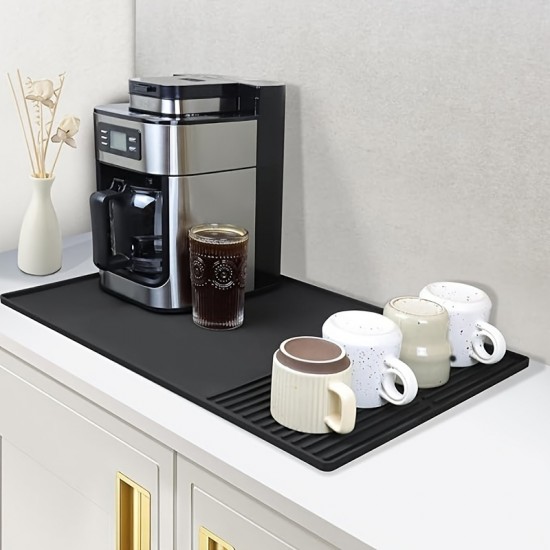 1枚 シリコン製コーヒーマット、エッセルマシン用2-in-1カウンタートッププロテクター、食器乾燥パッド、黒 - コーヒーバーアクセサリーの下にフィット (59.94cm x 39.88cm)