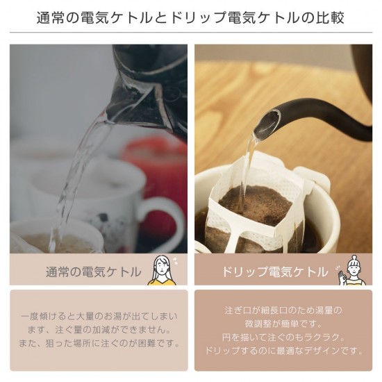 電気ケトル 保温設定 ケトル 電気ポット ステンレス おしゃれ 温度調節 お湯沸かしケトル キッチン家電 空焚き防止 自動オフ コーヒー用 スリム ノズル 細口 EGB-ZQC07