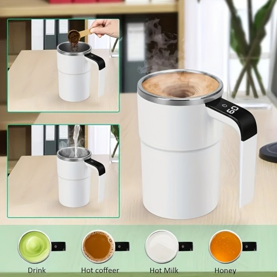 ナルンカンUSB充電式自動撹拌コーヒーカップ、持ち運びに便利でお手入れ簡単、インテリジェントLED温度表示、ホワイト断熱デザイン、家庭やオフィスでの使用に最適