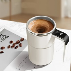 ナルンカンUSB充電式自動撹拌コーヒーカップ、持ち運びに便利でお手入れ簡単、インテリジェントLED温度表示、ホワイト断熱デザイン、家庭やオフィスでの使用に最適