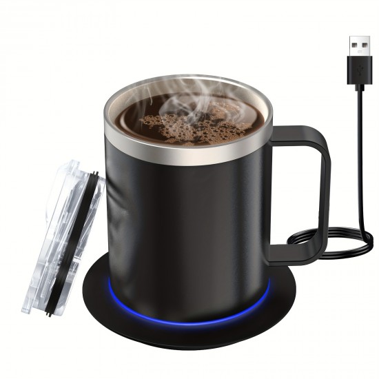 デスク用コーヒーマグウォーマー電気セット、加熱ベースと蓋付きマグ、ミルク、紅茶、ホットチョコレートを加熱するためのインテリジェントコーヒーマグ、最大131°F/55°Cに保ちます