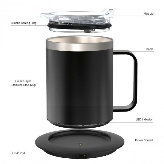 デスク用コーヒーマグウォーマー電気セット、加熱ベースと蓋付きマグ、ミルク、紅茶、ホットチョコレートを加熱するためのインテリジェントコーヒーマグ、最大131°F/55°Cに保ちます