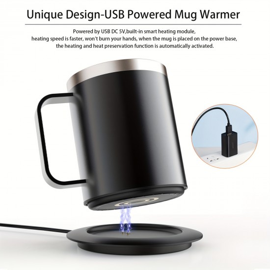 デスク用コーヒーマグウォーマー電気セット、加熱ベースと蓋付きマグ、ミルク、紅茶、ホットチョコレートを加熱するためのインテリジェントコーヒーマグ、最大131°F/55°Cに保ちます