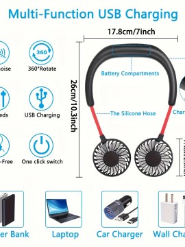 調整可能なネックファン、3段階速度、低騒音、USB充電式、36V最大電圧、1200mAhバッテリー、屋内および屋外使用、夏の冷却、多目的、ポータブル、クリスマスギフトに最適