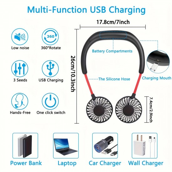 調整可能なネックファン、3段階速度、低騒音、USB充電式、36V最大電圧、1200mAhバッテリー、屋内および屋外使用、夏の冷却、多目的、ポータブル、クリスマスギフトに最適