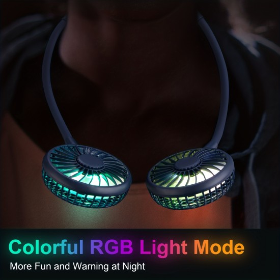 ポータブル冷却ネックファン、カラフルなLEDライト付き充電式USBパーソナルネックファン、360°回転、屋外屋内オフィス旅行スポーツ用ウェアラブルネックファンエアコン、3段階の速度調整、ハンズフリー充電式USB電源パーソナルファン