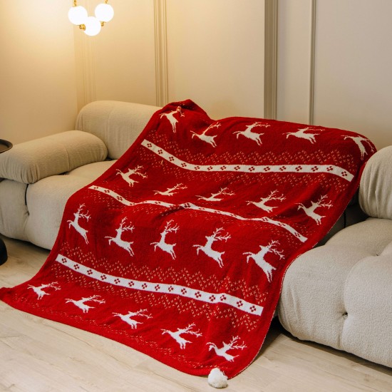 ユーレタイドの居心地、クリスマスのトナカイフリーススロー毛布 - ソフトで暖かく、アレルギーフレンドリー、ソファ、ベッド、車用 | 洗濯機洗い可能、耐久性に優れた | ポンポン付きのフェスティブグリーン