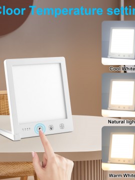 調節可能なスタンド付きLED治療ランプ、超薄型、UVフリー、10,000ルーメンのリラクゼーションライト、タッチコントロール、3色温度とステップレス調節可能な明るさレベルを搭載、4つのタイマー機能を備え、家庭やオフィスでの使用に適しています。