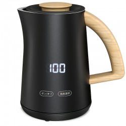 電気ケトル 0.8L 7段階温度調節 デジタルディスプレイ搭載 2時間保温機能 900Wハイパワーで急速沸騰 二重構造で安全＆保温効果抜群 外側が熱くならない設計 空焚き防止機能付き お茶・ミルク・コーヒーに最適 上質なマット仕上げ＆木目調デザイン ブラック PSE認証済み