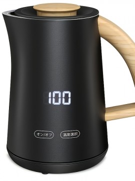 電気ケトル 0.8L 7段階温度調節 デジタルディスプレイ搭載 2時間保温機能 900Wハイパワーで急速沸騰 二重構造で安全＆保温効果抜群 外側が熱くならない設計 空焚き防止機能付き お茶・ミルク・コーヒーに最適 上質なマット仕上げ＆木目調デザイン ブラック PSE認証済み
