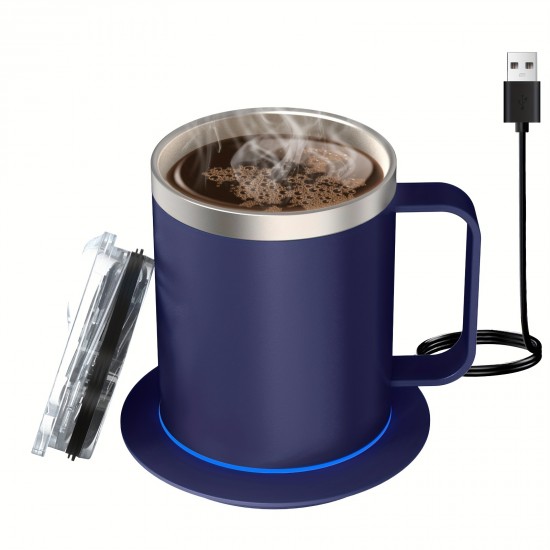 デスク用コーヒーマグウォーマー電気セット、加熱ベースと蓋付きマグ、ミルク、紅茶、ホットチョコレートを加熱するためのインテリジェントコーヒーマグ、最大131°F/55°Cに保ちます