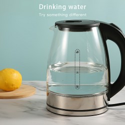 高ホウケイ酸ガラス電気ケトル、1.8L容量、青色ライト、110-130V米国プラグ、家庭用、電源供給式