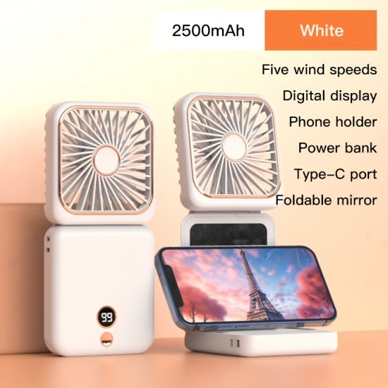 USB充電式折りたたみファンは首やデスクトップに掛けたり、手持ちで使用したりできます。携帯電話スタンド、化粧鏡、パワーバンク、デジタルディスプレイ、5段階の速度調整、多機能2500mAhの屋外用小型ファンが付属しています