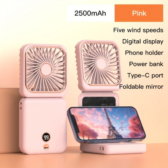 USB充電式折りたたみファンは首やデスクトップに掛けたり、手持ちで使用したりできます。携帯電話スタンド、化粧鏡、パワーバンク、デジタルディスプレイ、5段階の速度調整、多機能2500mAhの屋外用小型ファンが付属しています