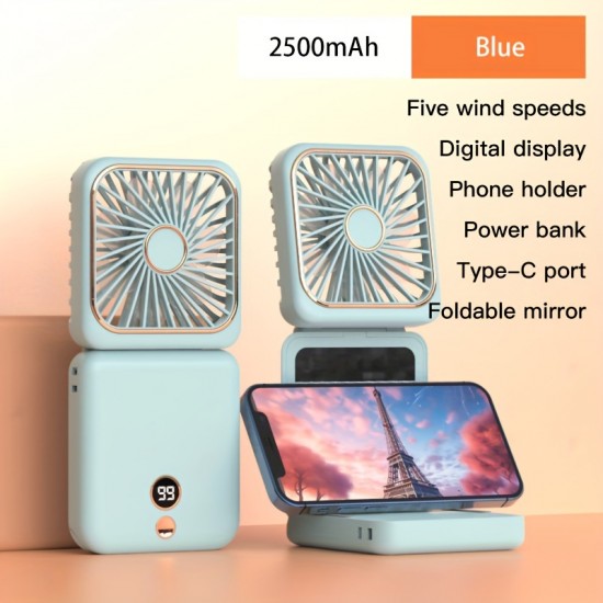 USB充電式折りたたみファンは首やデスクトップに掛けたり、手持ちで使用したりできます。携帯電話スタンド、化粧鏡、パワーバンク、デジタルディスプレイ、5段階の速度調整、多機能2500mAhの屋外用小型ファンが付属しています