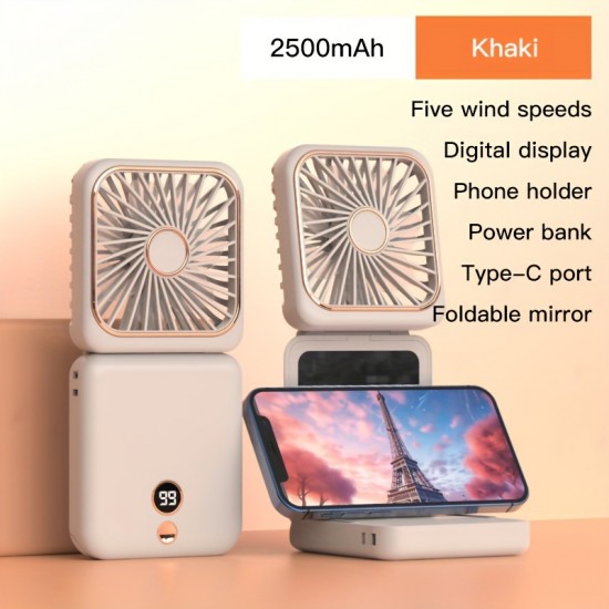 USB充電式折りたたみファンは首やデスクトップに掛けたり、手持ちで使用したりできます。携帯電話スタンド、化粧鏡、パワーバンク、デジタルディスプレイ、5段階の速度調整、多機能2500mAhの屋外用小型ファンが付属しています